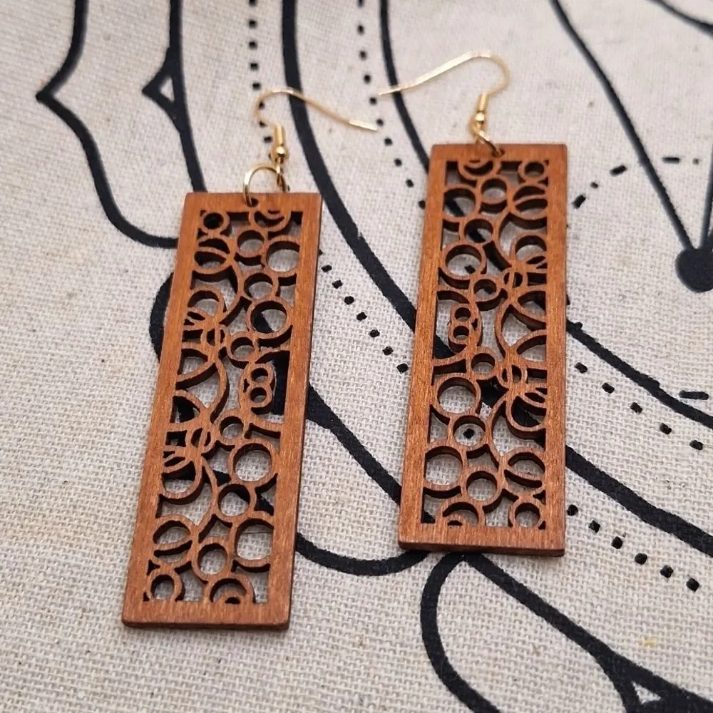Brown wood earrings rectangular hollowed out geometric carved earrings